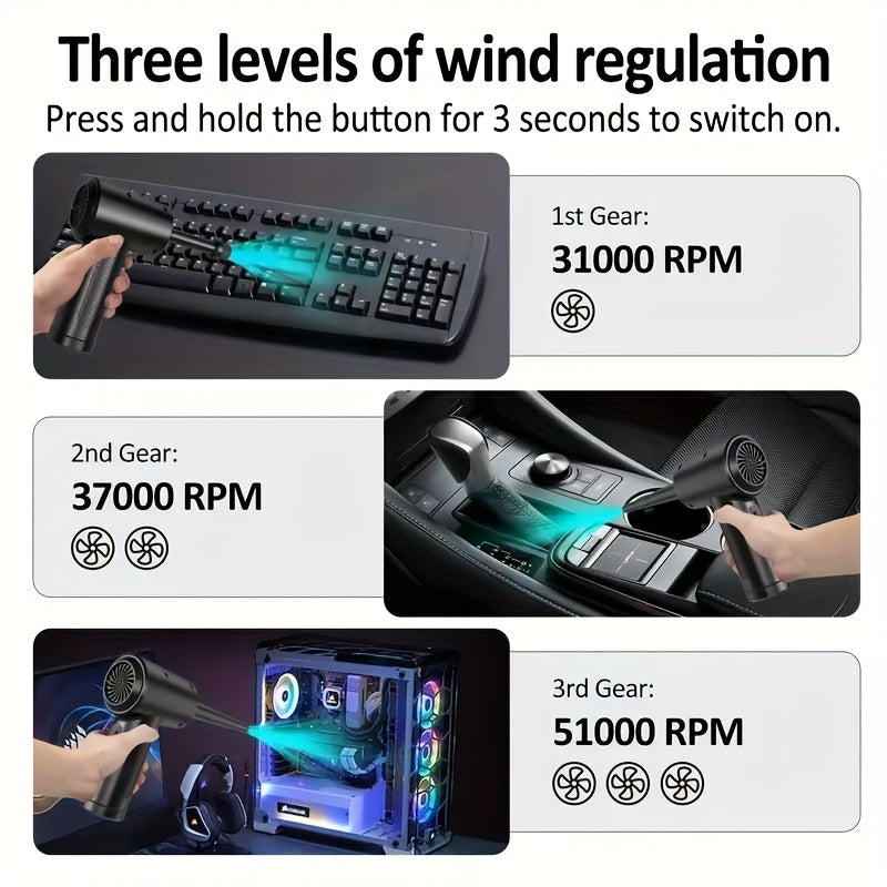 Rechargeable Cordless Air Duster - Powerful Electric Compressed Air Blower for Deep Cleaning of Computer Keyboards, Cameras, Cars, and Home Offices - Portable, Lightweight, and Easy to Use with LED Light and Extendable Nozzle