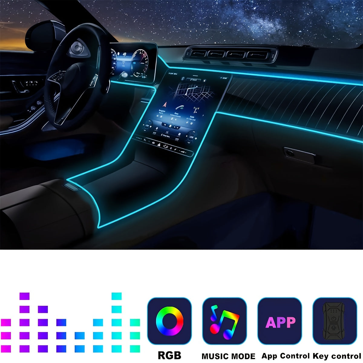 196" RGB LED Car Interior Strip Lights Kit - USB Powered, App & Music Sync, Fiber Optic Ambient Lighting for Doors, Console & Dashboard