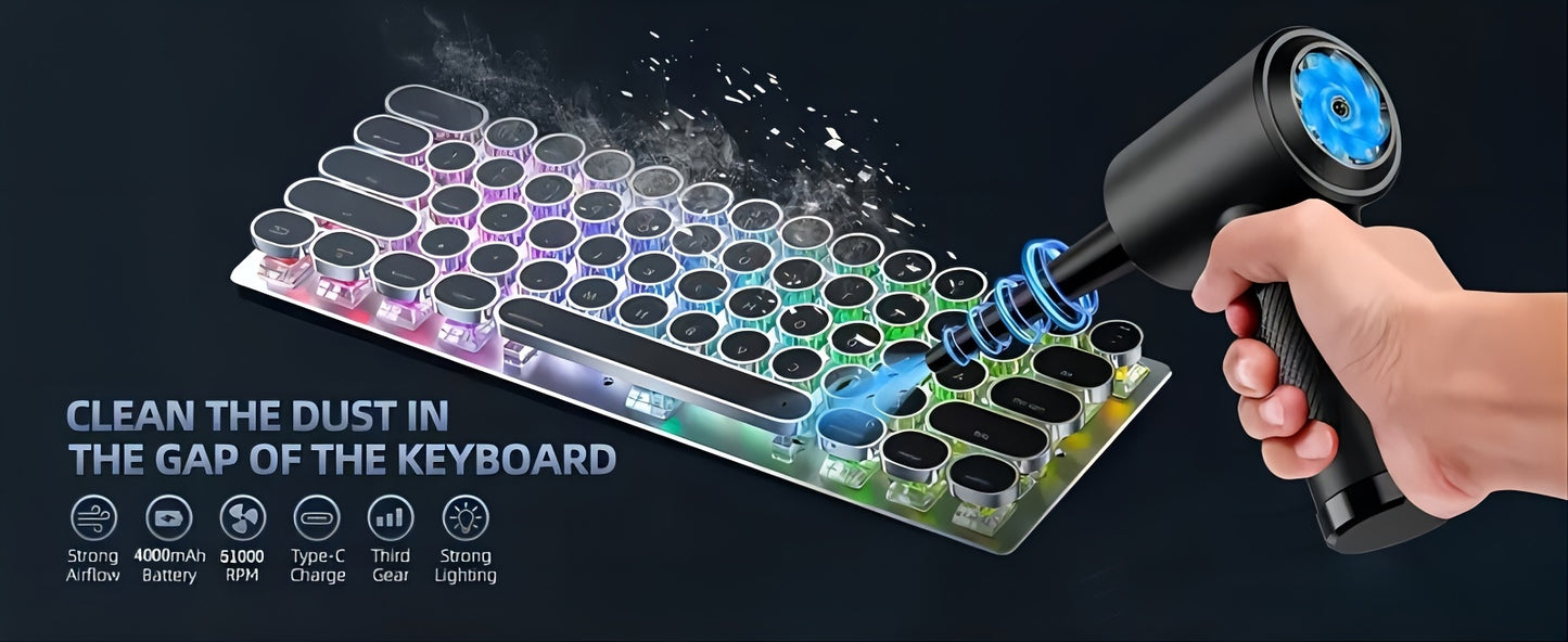 Rechargeable Cordless Air Duster - Powerful Electric Compressed Air Blower for Deep Cleaning of Computer Keyboards, Cameras, Cars, and Home Offices - Portable, Lightweight, and Easy to Use with LED Light and Extendable Nozzle