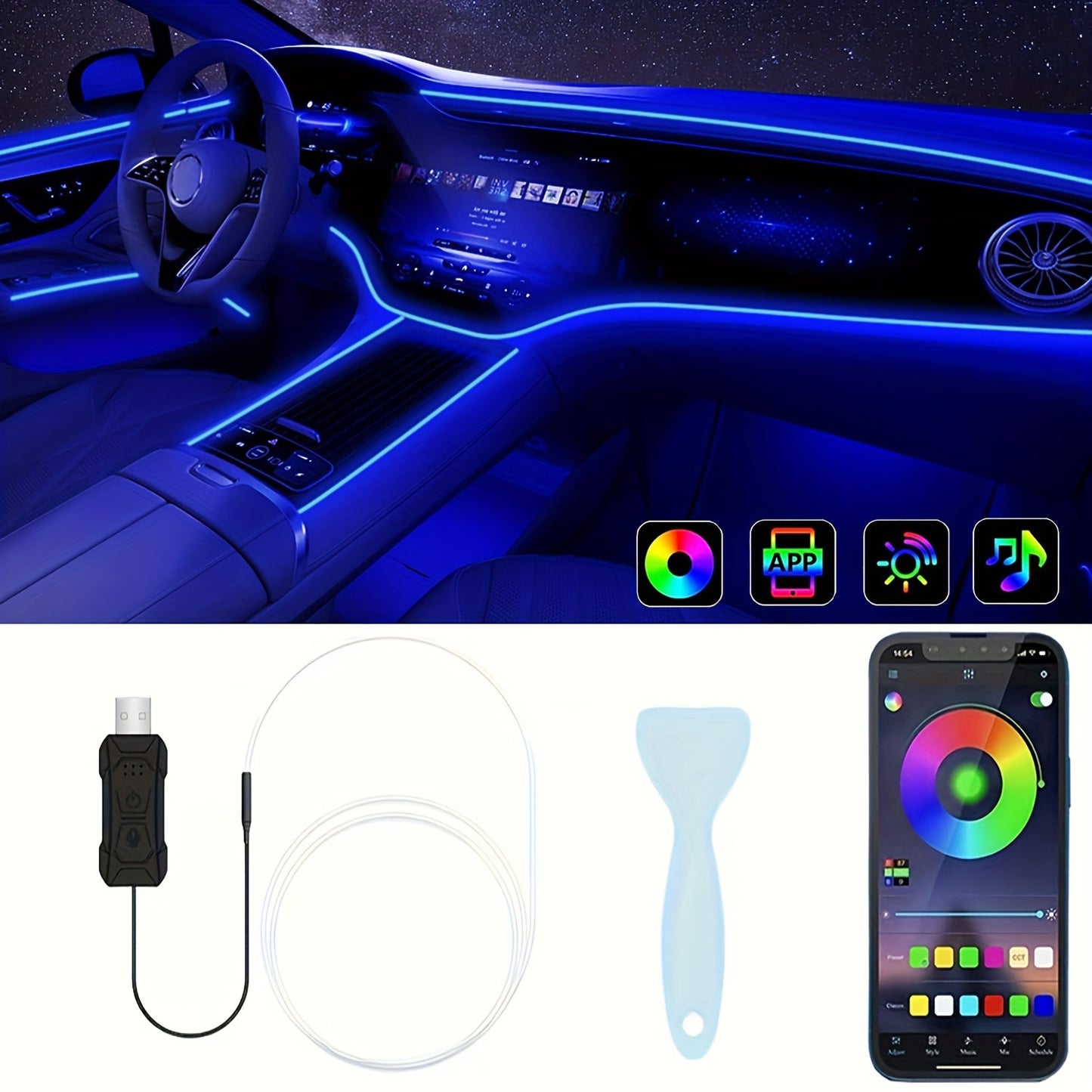 196" RGB LED Car Interior Strip Lights Kit - USB Powered, App & Music Sync, Fiber Optic Ambient Lighting for Doors, Console & Dashboard