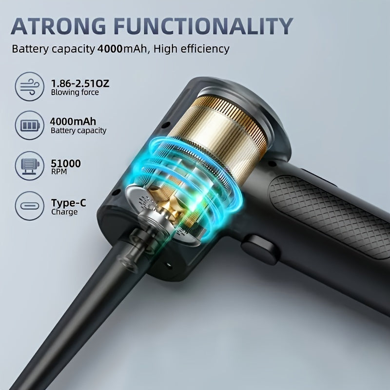 Rechargeable Cordless Air Duster - Powerful Electric Compressed Air Blower for Deep Cleaning of Computer Keyboards, Cameras, Cars, and Home Offices - Portable, Lightweight, and Easy to Use with LED Light and Extendable Nozzle