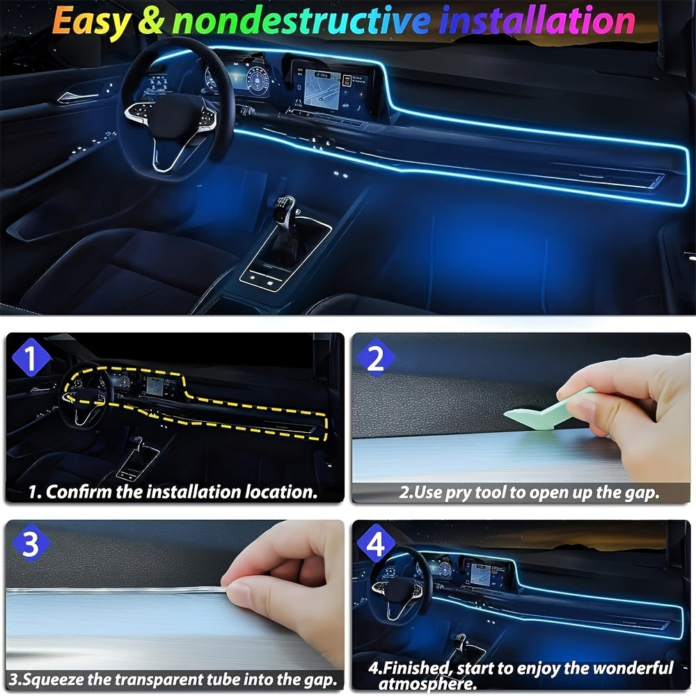 196" RGB LED Car Interior Strip Lights Kit - USB Powered, App & Music Sync, Fiber Optic Ambient Lighting for Doors, Console & Dashboard