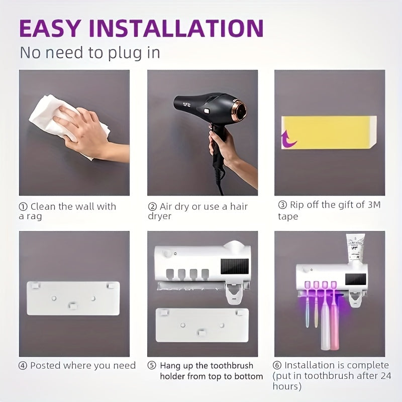 1pc COP ROSE Wall-Mounted Toothbrush Holder with 4 Slots, Smart Toothpaste Dispenser, Bathroom Accessory, USB Charging, No Drilling Required, Rechargeable Battery, ≤36V Operating Voltage