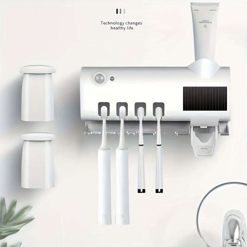1pc COP ROSE Wall-Mounted Toothbrush Holder with 4 Slots, Smart Toothpaste Dispenser, Bathroom Accessory, USB Charging, No Drilling Required, Rechargeable Battery, ≤36V Operating Voltage