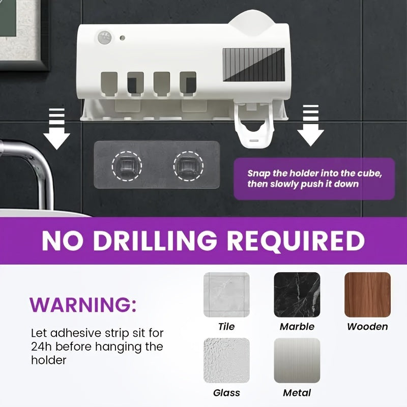 1pc COP ROSE Wall-Mounted Toothbrush Holder with 4 Slots, Smart Toothpaste Dispenser, Bathroom Accessory, USB Charging, No Drilling Required, Rechargeable Battery, ≤36V Operating Voltage