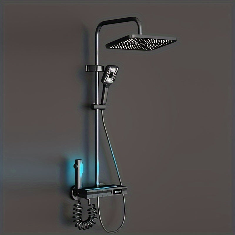 1set Thermostatic Full Copper Rain Shower System With Smart LED Digital Display, With Ambiance Lights For Home Bathroom, Bathroom Rainfall Shower And Handheld Shower, Bathroom Accessories