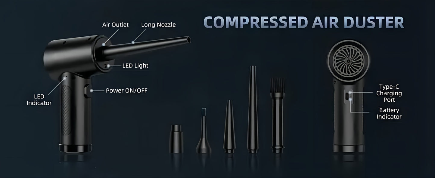 Rechargeable Cordless Air Duster - Powerful Electric Compressed Air Blower for Deep Cleaning of Computer Keyboards, Cameras, Cars, and Home Offices - Portable, Lightweight, and Easy to Use with LED Light and Extendable Nozzle