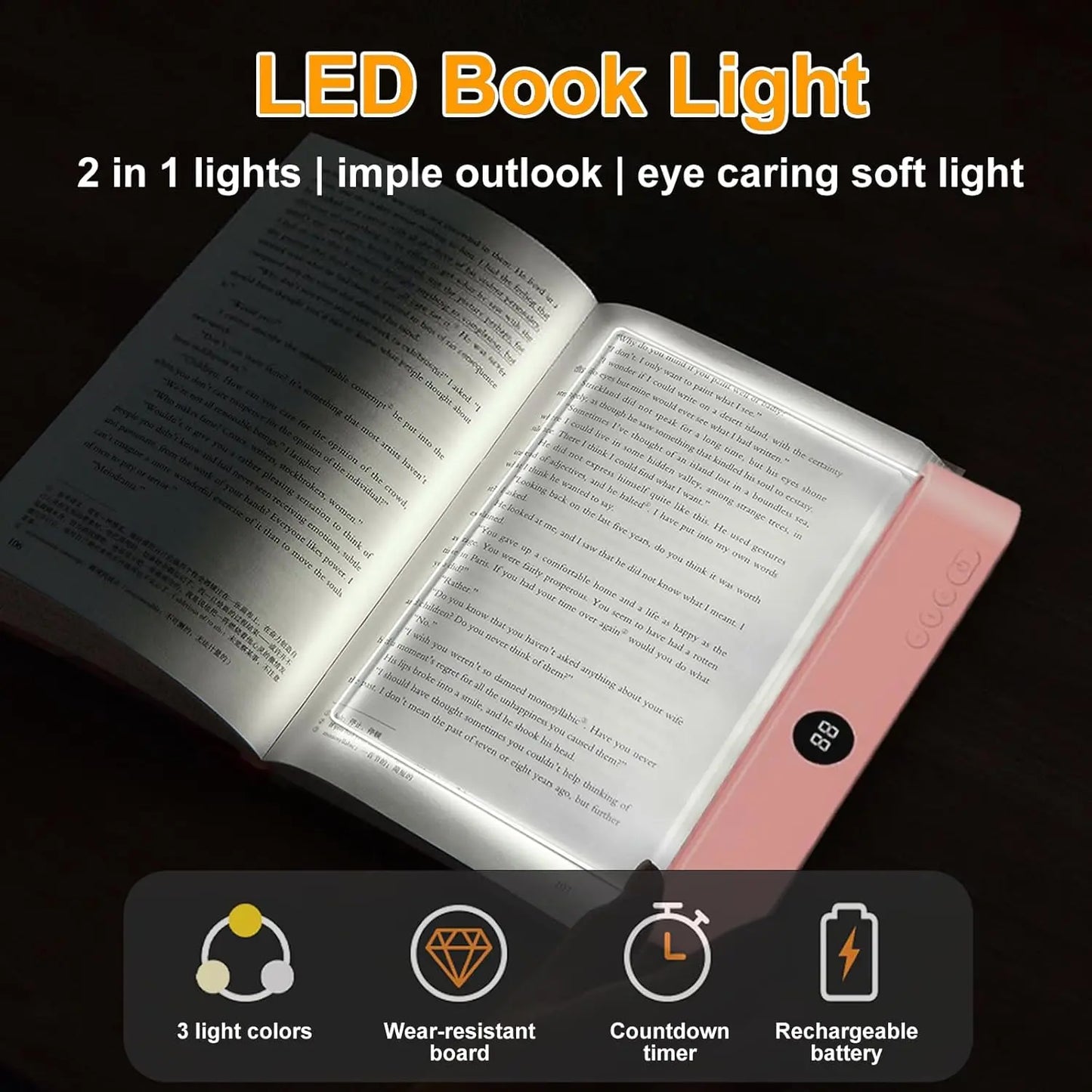 Book Light, Rechargeable Clear LED Flat Book Lights for Reading in Bed at Night with 3 Colors Dimmable Panel Plate Book Lamp