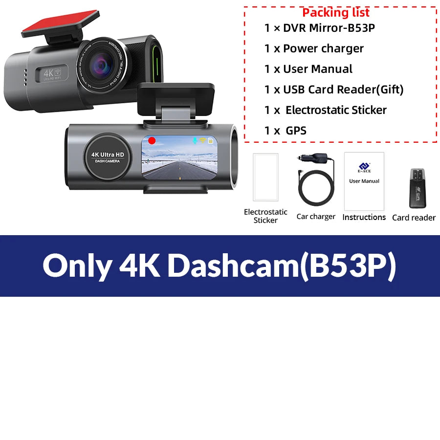 Dash Cam 4K GPS WIFI APP 24H Night Vision Mini Optional Rear Lens Dashcam Car DVR Video Recorder Camera For Car Black Box