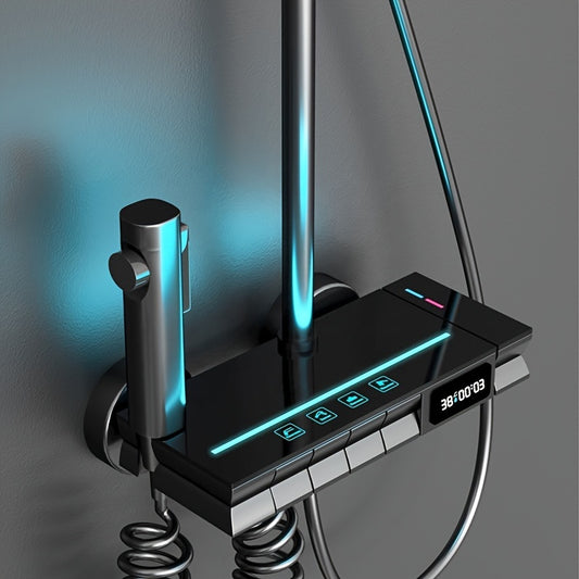 1set Thermostatic Full Copper Rain Shower System With Smart LED Digital Display, With Ambiance Lights For Home Bathroom, Bathroom Rainfall Shower And Handheld Shower, Bathroom Accessories