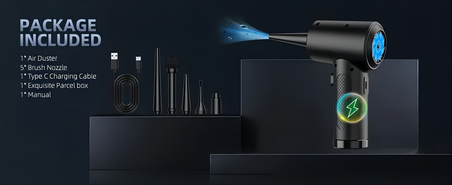 Rechargeable Cordless Air Duster - Powerful Electric Compressed Air Blower for Deep Cleaning of Computer Keyboards, Cameras, Cars, and Home Offices - Portable, Lightweight, and Easy to Use with LED Light and Extendable Nozzle