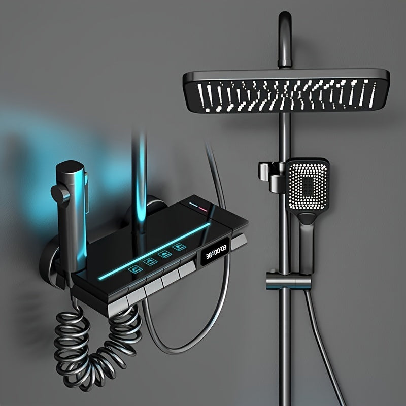 1set Thermostatic Full Copper Rain Shower System With Smart LED Digital Display, With Ambiance Lights For Home Bathroom, Bathroom Rainfall Shower And Handheld Shower, Bathroom Accessories
